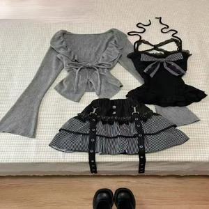 가을 겨울 달콤한 로리타 3 조각 세트 여성 레이스 업 니트 카디건 + 섹시 슬림 Strapless 조끼 탑 + 하이 웨이스트 셔링 스커트