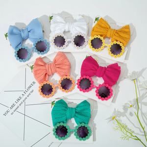 2Pcs/카드 데이지 아기 선글라스 구멍 활 머리띠 세트 탄성 나일론 헤어 밴드 해변 태양 안경 어린이 모자를 쓰고 있죠