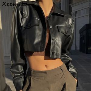 WhereMery 인조 가죽 짧은 재킷 Y2K 턴 다운 칼라 패션 Botton 장식 PU 코트 2022 그런지 스트리트 캐주얼 여성 코트