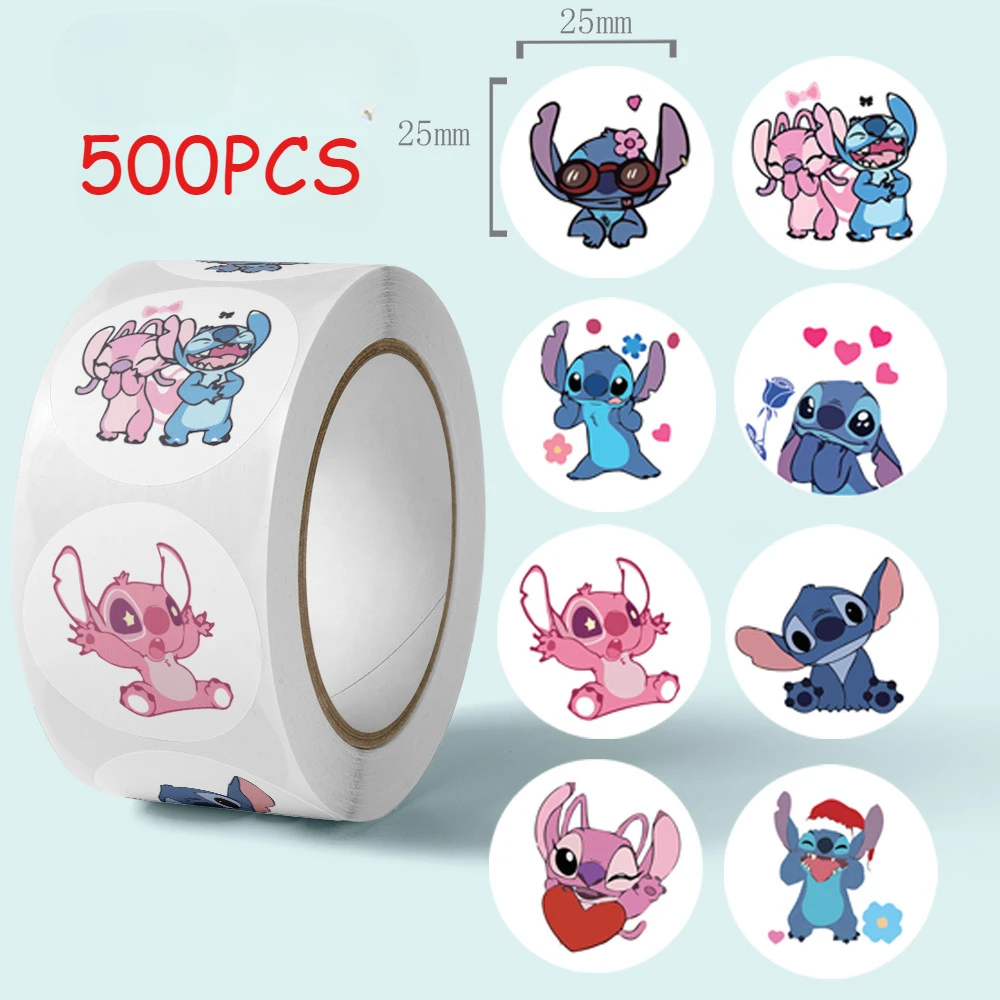 500PCS/Roll 디즈니 스티치 씰링 낙서 스티커 귀여운 만화 애니메이션 릴로 & 스티치 스티커 라운드 Diy 장식 앨범 일기 Labe