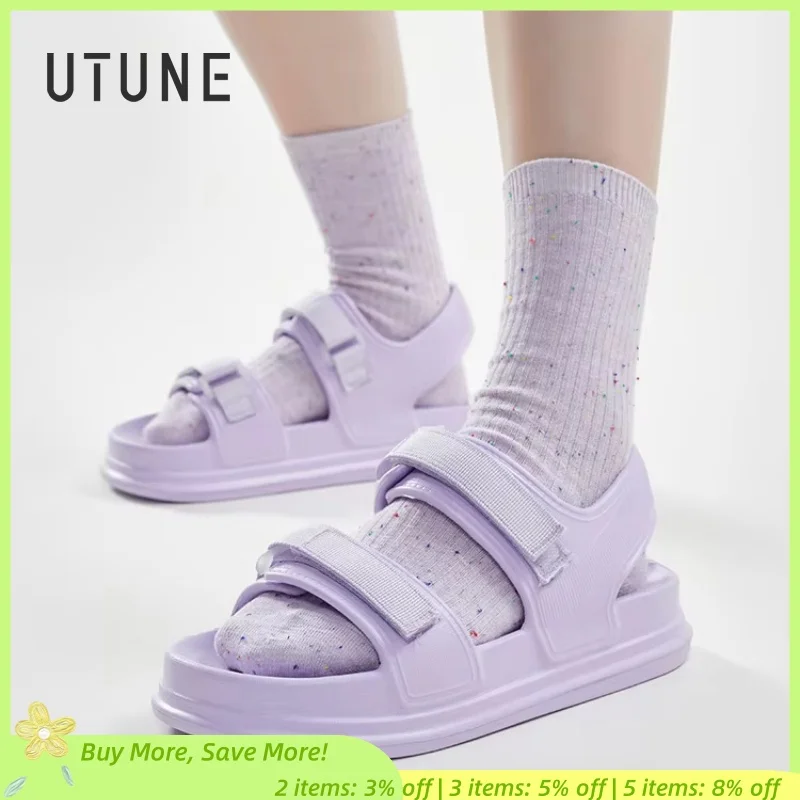 UTUNE 패션 패치 여성 샌들, 편안한 플랫폼 신발, 해변 외부 보라색 슬라이드, 두꺼운 밑창 미끄럼 방지 슬리퍼, 여름,eva 샌들,여성 단화,방수슬리퍼
