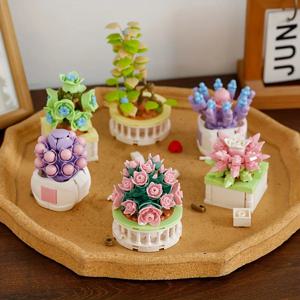 부케 모크 블록 꽃 다육 분재 화분 빌딩 블록, 로맨틱 키트 조립 벽돌 장난감, 어린이 소녀 크리스마스 선물