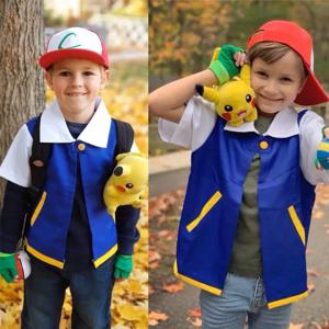 만화 애니메이션 Ash Ketchum 트레이너 블루 자켓 의상 P-PokemonING Go 블루 자켓 모자 장갑 소년 소녀 코스프레 파티