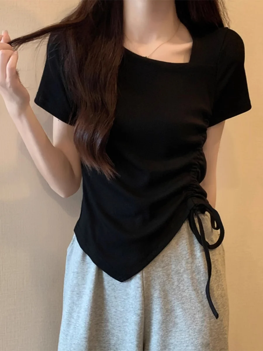 여름 짧은 소매 티셔츠 여성용 드로우 스트링 슬림 피트 배꼽 커버 한국어 우아한 짧은 길이 비대칭 디자인 코튼 블렌드