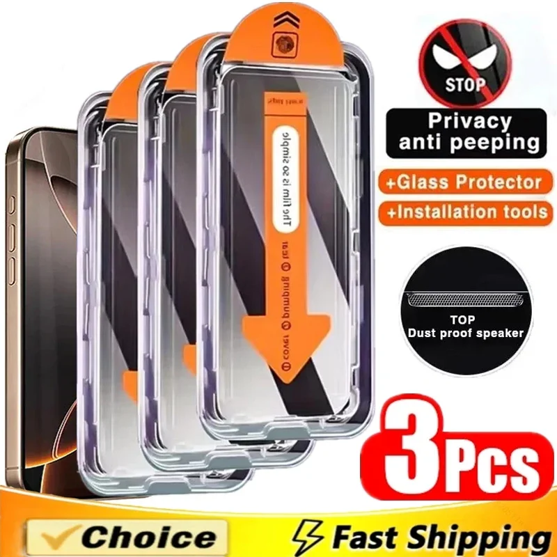 3Pcs 먼지 방지 설치 개인 정보 보호 화면 보호기 IPhone 16 14 11 12 13 15 Pro Max 7 8 Plus Mini X XR XS Anti-spy Glass