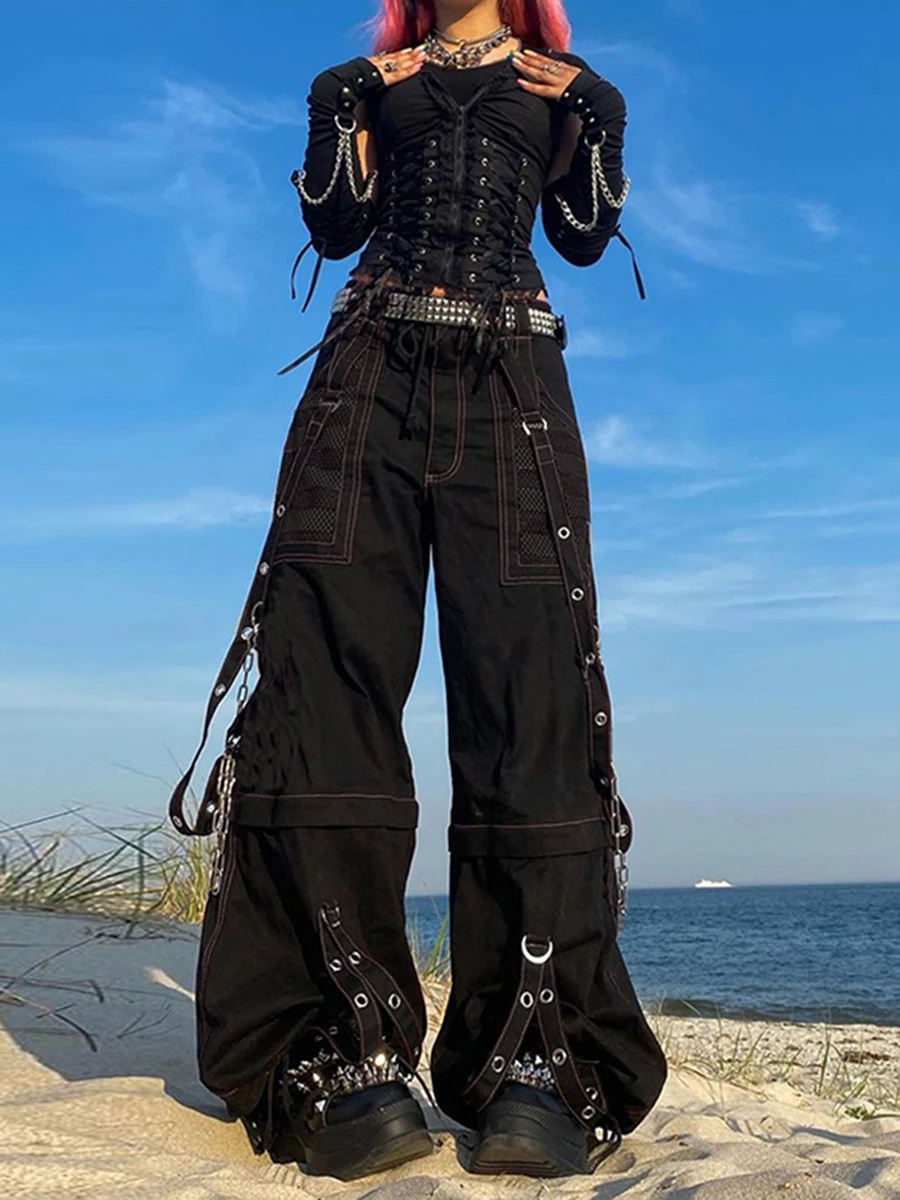 여성 카고 청바지 스트라이프 지퍼 버튼 클로저 루즈 캐주얼 바지 포켓이있는 streetwear 가을 봄 옷 펑크 y2k 90s