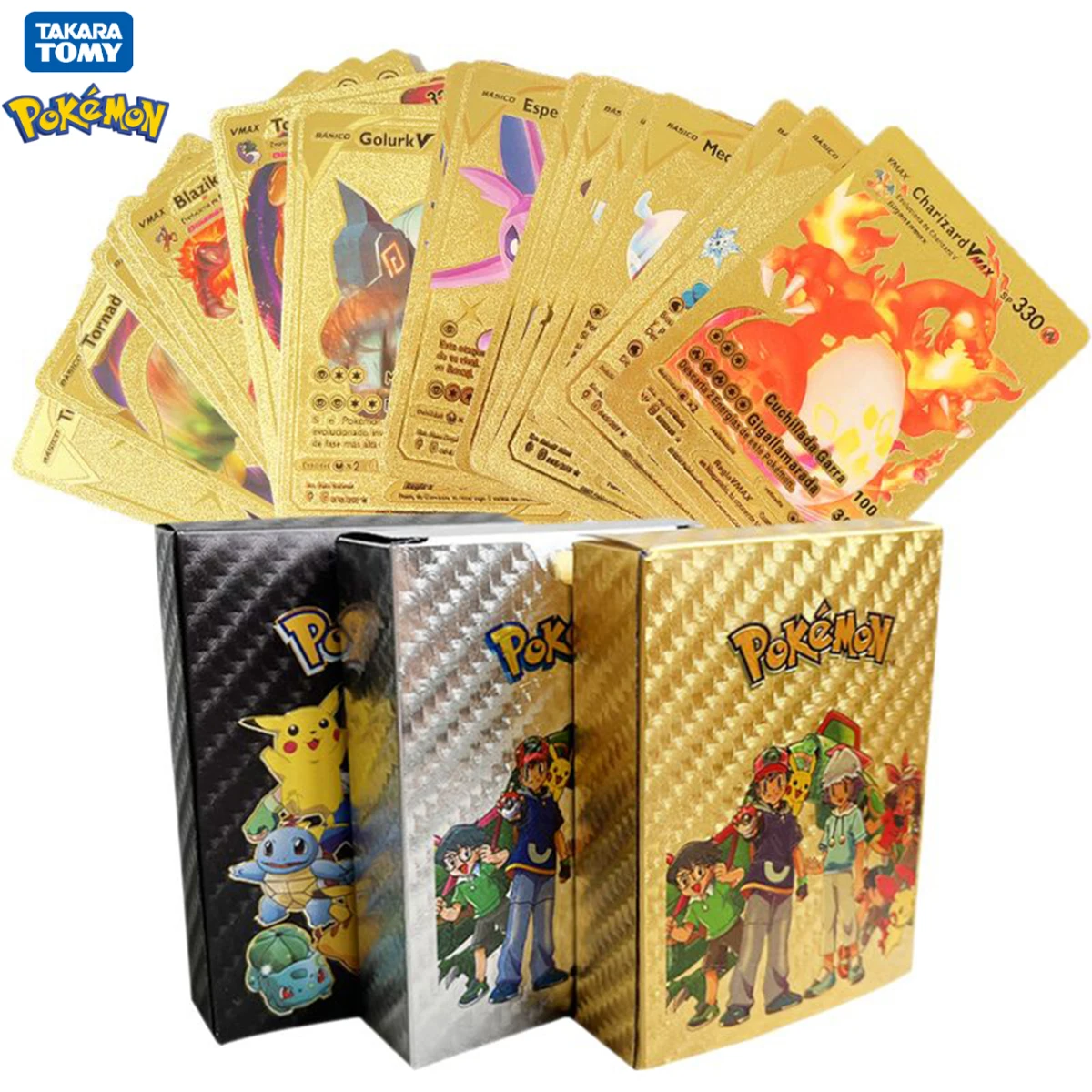 포켓몬 카드 메탈 골드 블랙 Vmax GX 카드 상자 Mewtwo Charizard 피카추 희귀 컬렉션 배틀 트레이너 카드 어린이 장난감 선물