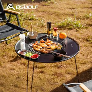 BSWolf 접이식 바베큐 라운드 테이블 철 스토브 휴대용 캠핑 바베큐 숯불 그릴 보관 가방 파티오 차 끓는