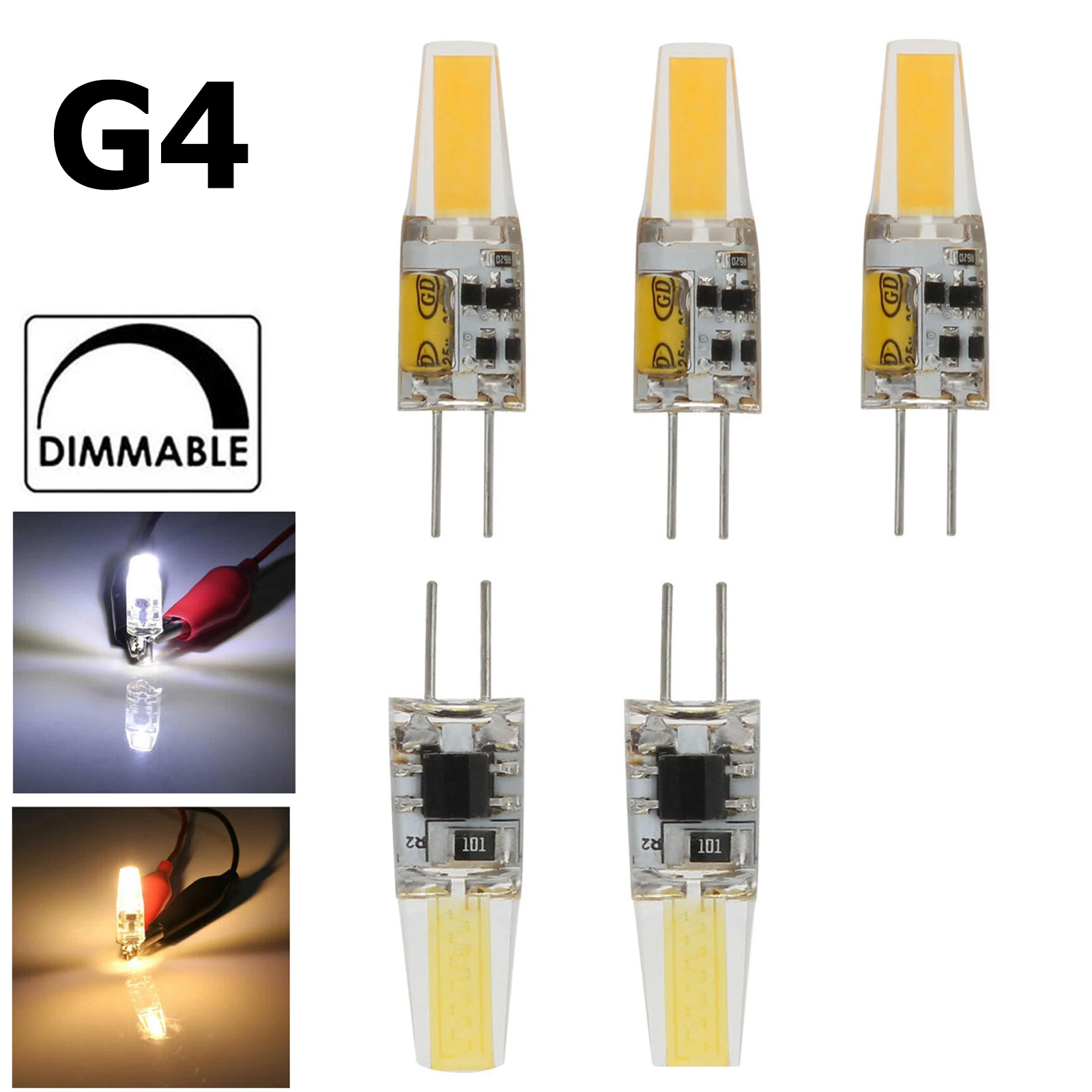 미니 G4 LED 실리콘 램프, 6W 전구, 밝기 조절 램프, DC12V 가정용 COB 전구, 쿨 화이트 6000K 샹들리에 스포트라이트 봄빌라