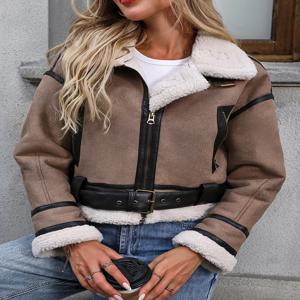 Ailegogo streetwear 여성 느슨한 두꺼운 따뜻한 가짜 양고기 모피 코트 가을 겨울 여성 레트로 지퍼 벨트 자켓 아웃웨어
