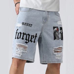 남성 여름 신축성 데님 반바지 청바지 남성용 streetwear 편지 찢어진 무릎 길이 헐렁한 컴포트 카고 캐주얼 반바지 바지 진