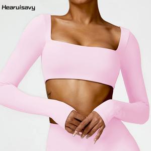 Hearuisavy 캐주얼 빠른 건조 운동복 여성 스퀘어 넥 체육관 탑 여성 피트니스 스포츠 자르기 탑 여성 긴 소매 요가 의류