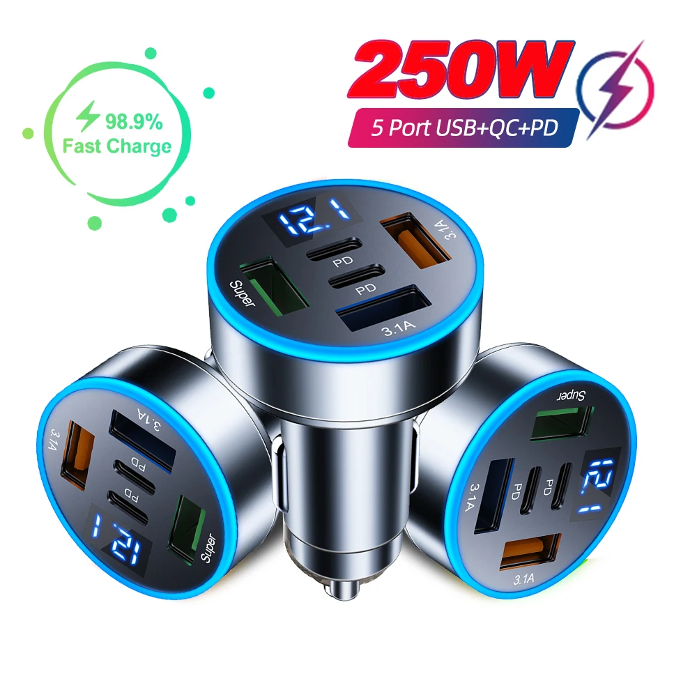 차량용 고속 충전 PD USB C 타입 어댑터, 아이폰, 삼성, 화웨이, 샤오미, 3USB 2PD, 250W