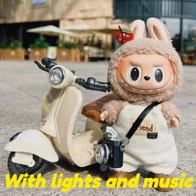 Labubu 인형 미니 전기 오토바이, labubu 인형 액세서리, 재미있는 귀여운 인형 장난감, 조명과 음악, DIY 아이 크리스마스 선물