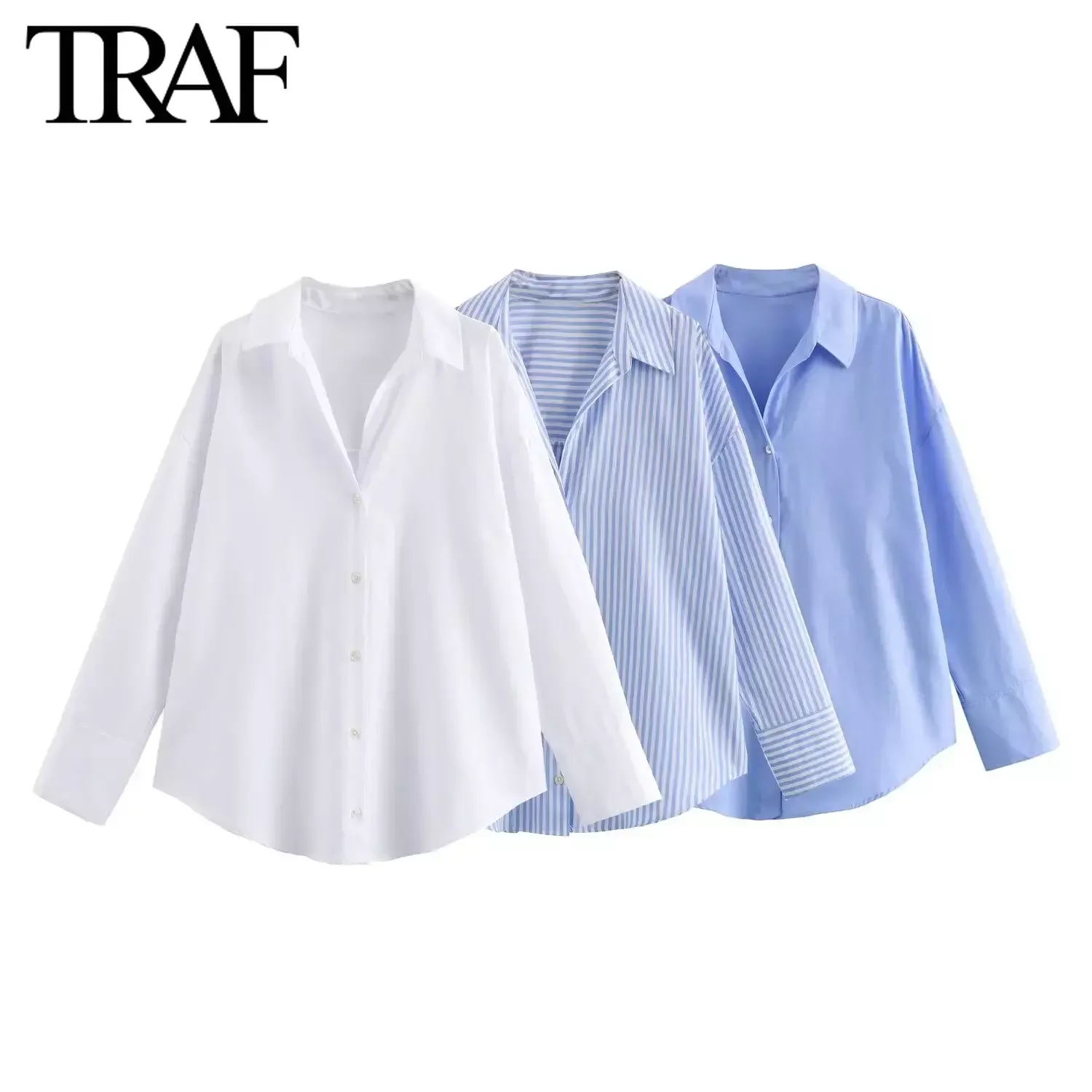 TRAF 여성 패션 봄 코튼 옥스포드 긴 소매 싱글 브레스트 옷깃 블라우스 스트리트 의류 셔츠 Chic Ladies Tops Mujer