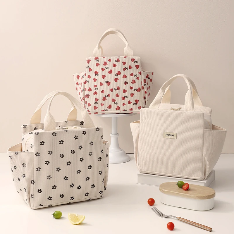 코듀로이 점심 가방 단열 도시락 보관 핸드백 다기능 어린이 학교 쿨러 가방 피크닉 FoodPouch