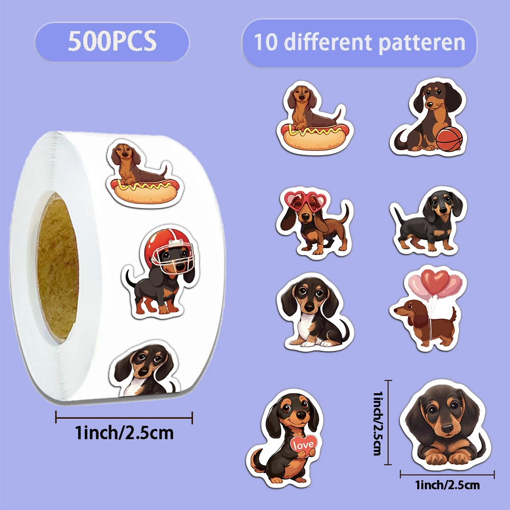500PCS 귀여운 소시지 개 만화 롤 스티커, 손 계정 봉투 인감 스티커, 방수 장식 스티커