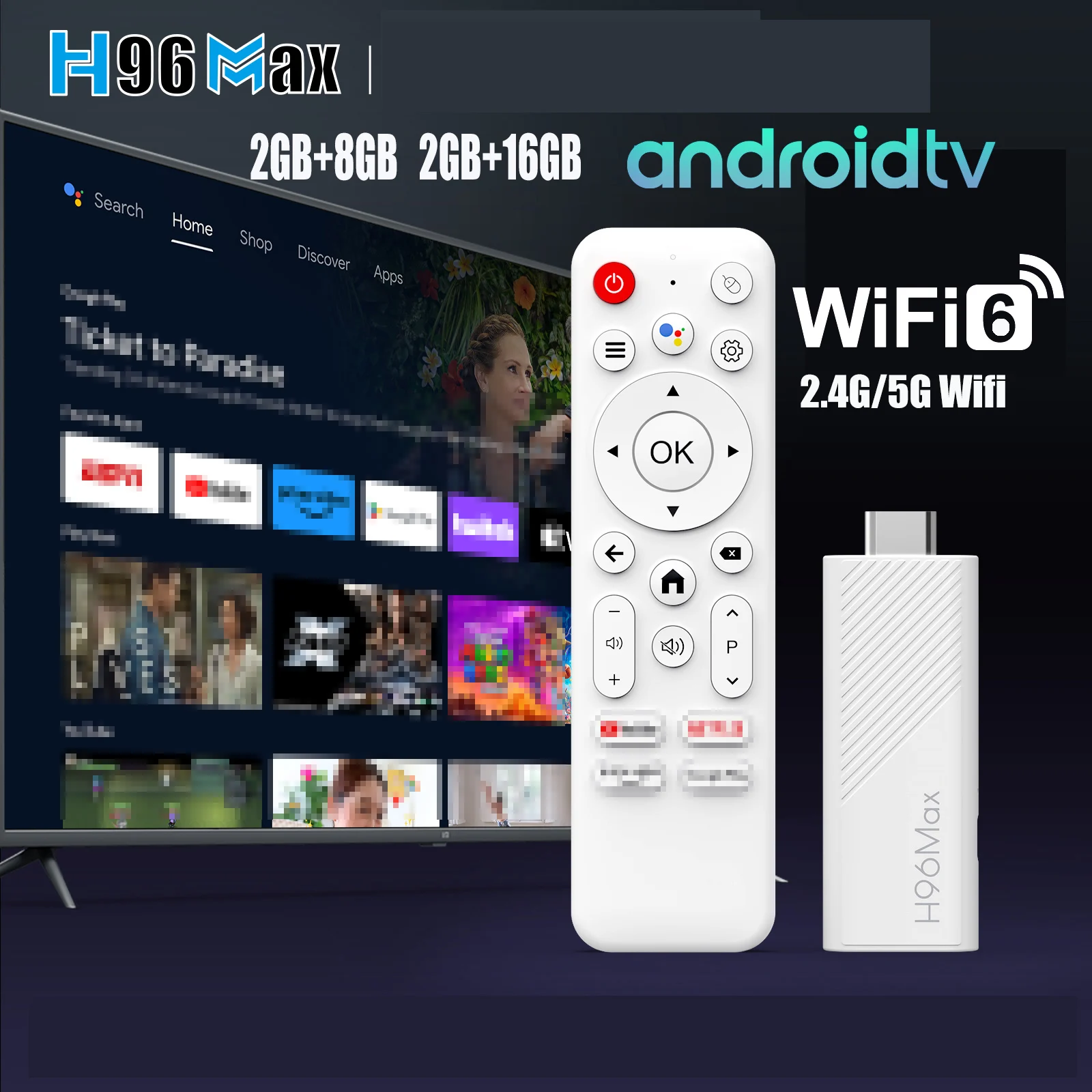 H96 MAX 안드로이드 TV 스틱 Allwinner H313, 2.4G Wifi 5G Wifi6 듀얼 브랜드 8GB 16GB 4K 3D HDR Goole 음성 원격