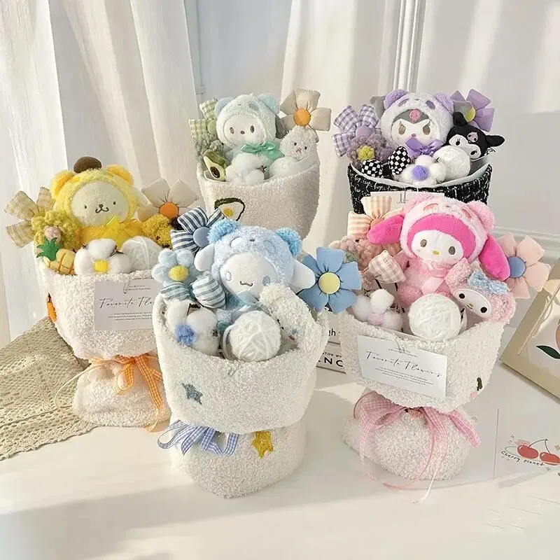 산리오 헬로 키티 꽃다발 귀여운 만화 봉제 인형 꽃 Cinnamoroll Kuromi 내 멜로디 장난감 꽃 소녀 및 어린이 휴일 선물