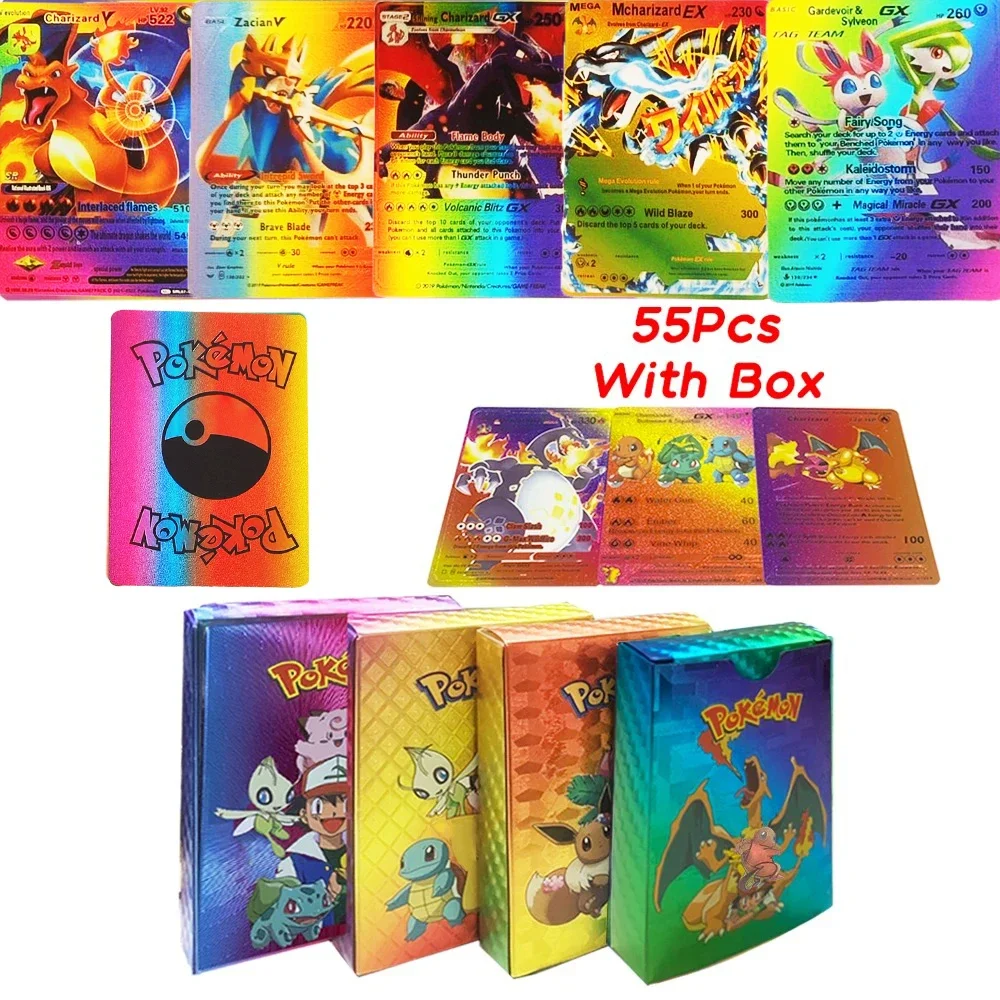 55PCS 포켓몬 다채로운 금박 카드 Charizard Pikachu Arceus 다이아몬드 레인보우 영어 프랑스어 독일어 스페인어 VSTAR GX VMAX 카드