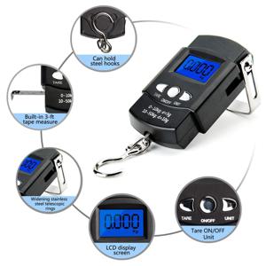 50kg/10g 휴대용 LCD 전자 손 저울 여행용 교수형 저울 100cm 길이의 개폐식 측정 테이프