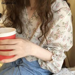 여성용 꽃무늬 프린트 V넥 셔츠, Ins Ulzzang 쉬폰, 스위트 우아한 여성용 튜닉 탑, 여름 휴가 스트리트웨어, 3XL 데일리