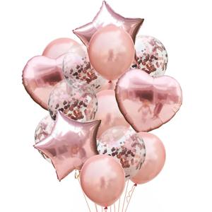 14pcs 로즈 골드 믹스 스타 하트 색종이 라텍스 풍선 생일 파티 장식 어린이 성인 결혼 기념일 글로브 용품