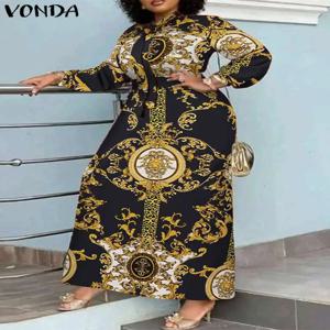 VONDA 맥시 드레스 2024 여름 여성 보헤미안 프린트 파티 Sundress 긴 소매 스탠드 칼라 캐주얼 가운 휴일 베스 티드 벨트