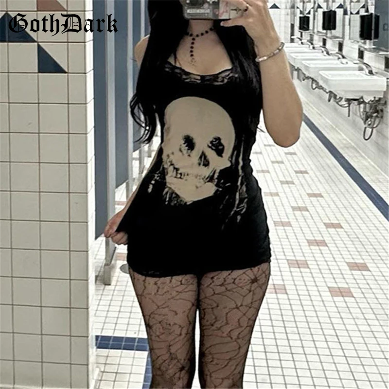 고스 다크 streetwear 애니메이션 해골 프린트 스트랩 미니 드레스 요정 레이스 스티치 클럽 의상 슬림 섹시한 bodycon 드레스 몰 고딕