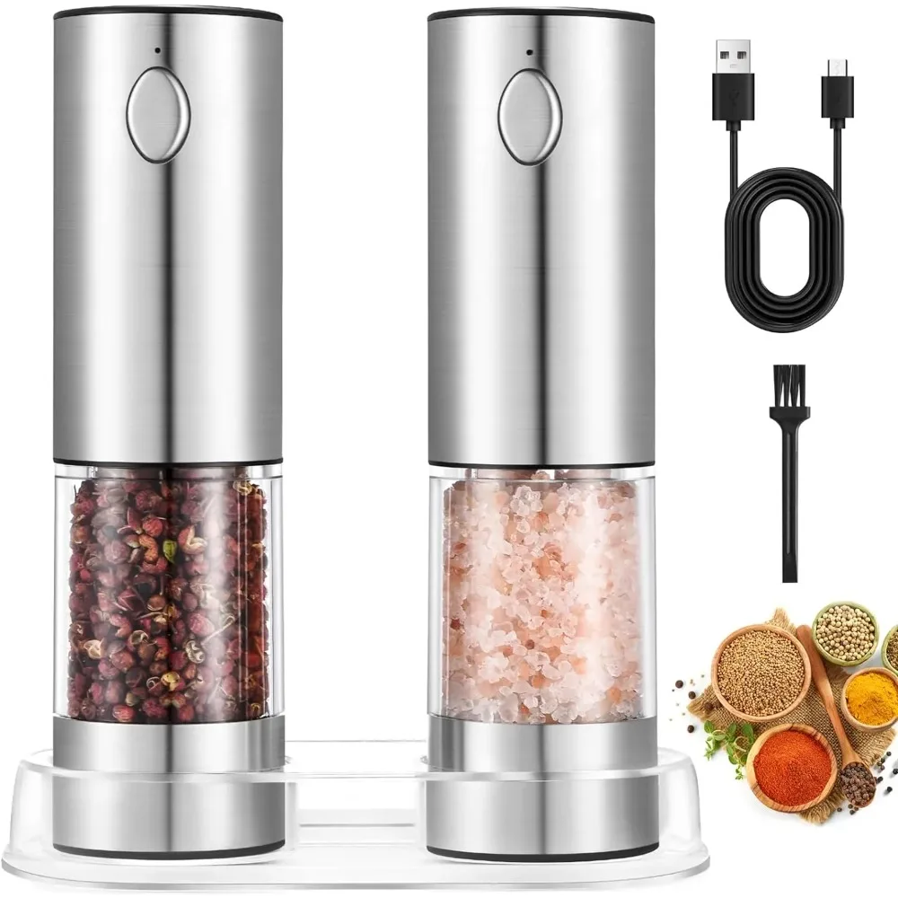전기 소금 및 후추 분쇄기 세트, USB 충전식, 조정 가능한 거친 정도, 대용량, LED 조명이 있는 자동 분쇄기