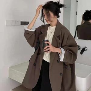 빈티지 브라운 블레이저 여성 우아한 공식 숙녀 봄 가을 패션 긴 소매 특대 세련된 캐주얼 정장 재킷