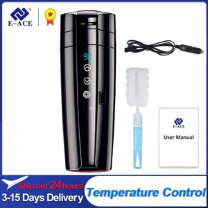 E-ACE 12V 휴대용 자동차 난방 컵 400ml 스테인레스 스틸 터치 스크린 디지털 디스플레이 물 따뜻하게 병 보온병 컵 자동차 주전자