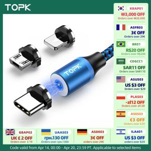 마그네틱 충전 케이블, 3 in 1 TOPK 360 회전 마그네틱 휴대폰 충전기 케이블, LED 조명 포함, 마이크로 USB C 타입 케이블용