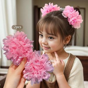 2PCS 핑크색 사랑스러운 헤어 밴드 - 어린 소녀에게 이상적입니다. 공주 공 머리 반지, 탄력 있는 넥타이가 있는 꽃 머리 밧줄