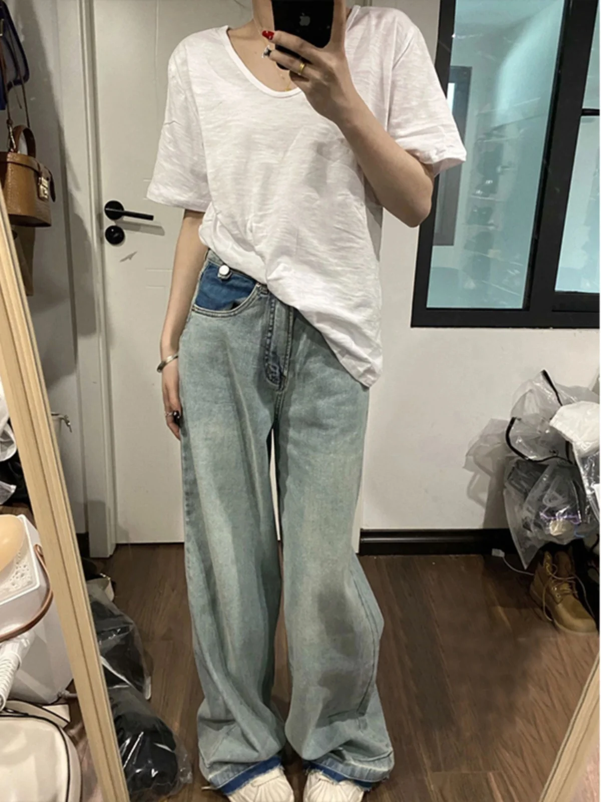 루즈핏 대나무 레이온 반팔 티셔츠 여성용 화이트 V넥 탑 여름 얇은 순색 베이스 레이어 셔츠 한국 스타일
