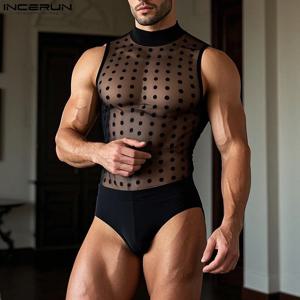 INCERUN 패션 뉴 남성 Homewear 폴카 도트 메쉬 바디 슈트를 통해 볼 섹시한 세미 하이 넥 민소매 삼각형 얇은 점프 슈트 S-3XL