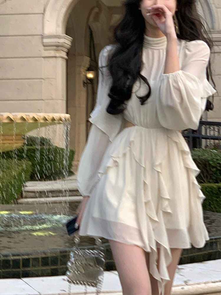비치 스타일 쉬폰 Y2k 미니 드레스 Office 레이디 캐주얼 긴 소매 우아한 원피스 드레스 한국 패션 의류 여름 2023