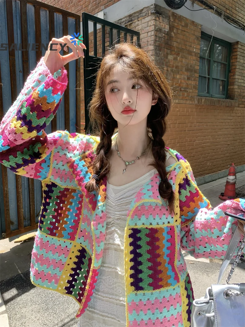 SALIENCY 다채로운 크로 셰 뜨개질 니트 중공 카디건 스웨터 자켓 여성 봄 탑 느슨한 짧은 니트웨어