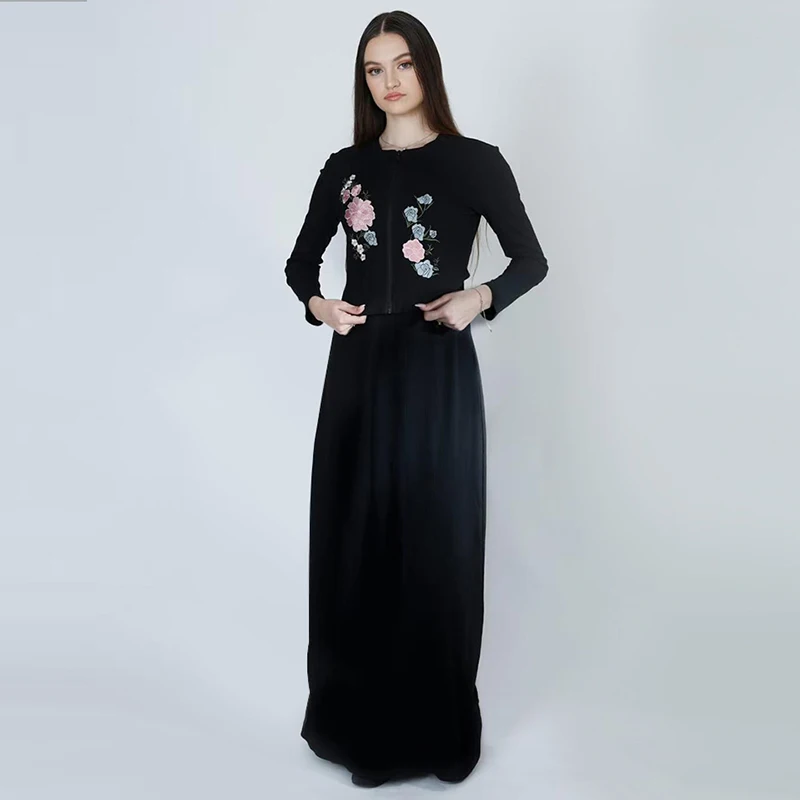 XS-XXXL 레이디 카디건 복장 캐주얼 Embroidey 꽃 블랙 립 탑 맥시 드레스 롱 드레스 지퍼 우아한 Shlomo 드레스 세트