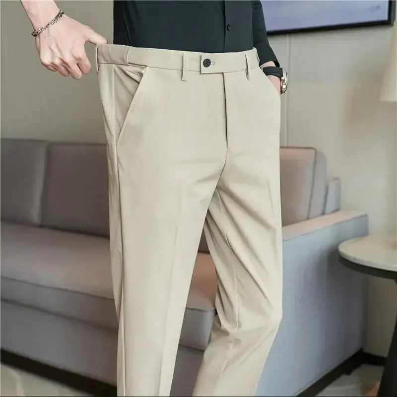 남성 정장 바지 플러스 사이즈 40 38 2024 가을 솔리드 탄성 허리 드레스 바지 남성 슬림 비즈니스 사무실 사회 발목 길이 바지