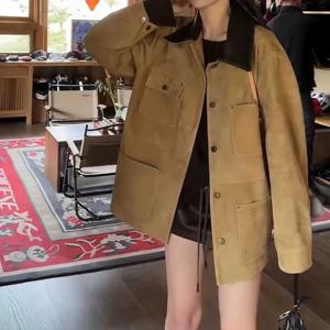 레트로 수입 혼합 양 스웨이드 가죽 재킷, 2024 트렌디 소프트 키즈 스웨이드, 미디엄 롱 아우터, 여성 트렌치 코트