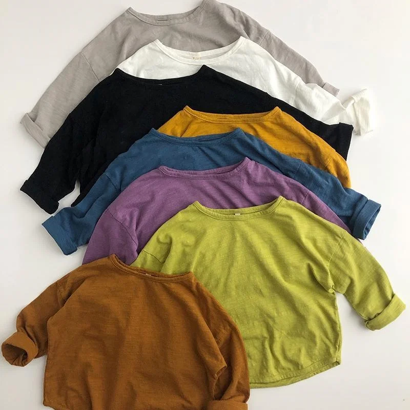 남아 기본 티 긴팔 티셔츠, 순면, 여아 상의, 키즈 티셔츠, 코튼 용수철, 아기 옷