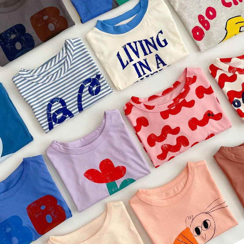2025 아이 옷 새 봄 Sumemer 한국 아기 소년 소녀 면화 만화 짧은 소매 T 셔츠 아동 겉옷 Clothings