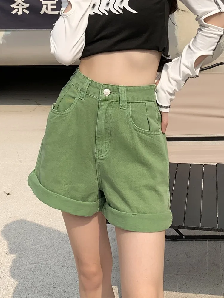 GUUZYUVIZ 녹색 반바지 Feminina 여름 캐주얼 루즈 빈티지 청바지 반바지 여성 streetwear 하이 웨이스트 와이드 레그 데님 반바지