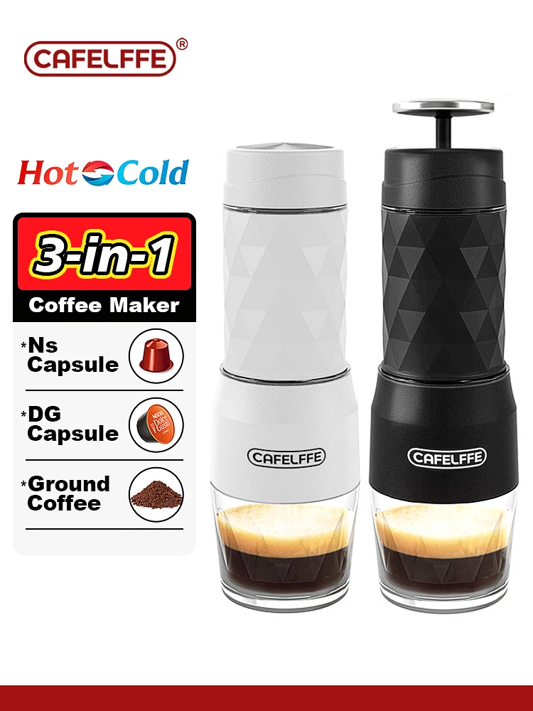 Cafelffe 3인1 휴대용 커피 머신, 핫/콜드 수동 에스프레소 메이커, 캡슐 및 그라운드 핸드 프레스 브루어, 하이킹 여행, 연인과 아빠, 엄마를 위한 선물.