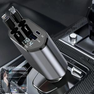 4 IN 1 120W 개폐식 차량용 충전기 USB 유형 C 케이블 (iPhone 용) Huawei Samsung 고속 충전 코드 담배 라이터 어댑터