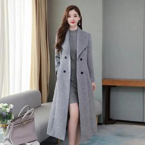 영국 스타일 여성 모직 코트 우아한 양복 칼라 더블 브레스트 허리 꽉 긴 모직 카디건 중반 송아지 길이 카디건
