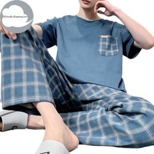 여름 니트 격자 무늬 쿨 남성 잠옷 잠옷 캐주얼 짧은 탑 + 롱 바지 세트 남성 잠옷 Nightwear Pijamas 4XL Homewea