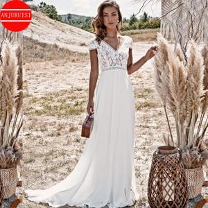 Boho 웨딩 드레스 반팔 레이스 아플리케 Vestido De Novia 2022 섹시한 시폰 여성 신부 가운 비치 가운 Mariage Trouwjurk