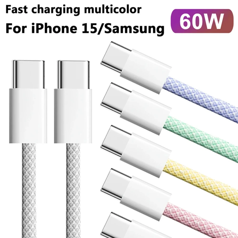 USB-C-타입 C 케이블, iPhone 15 16 Pro PD 60W 고속 충전 와이어, Huawei Xiaomi Samsung 다채로운 직조 데이터 케이블 라인